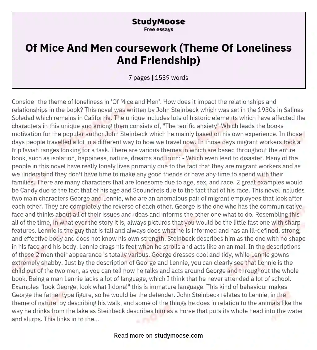 Of Mice And Men coursework (Theme Of Loneliness And Friendship)