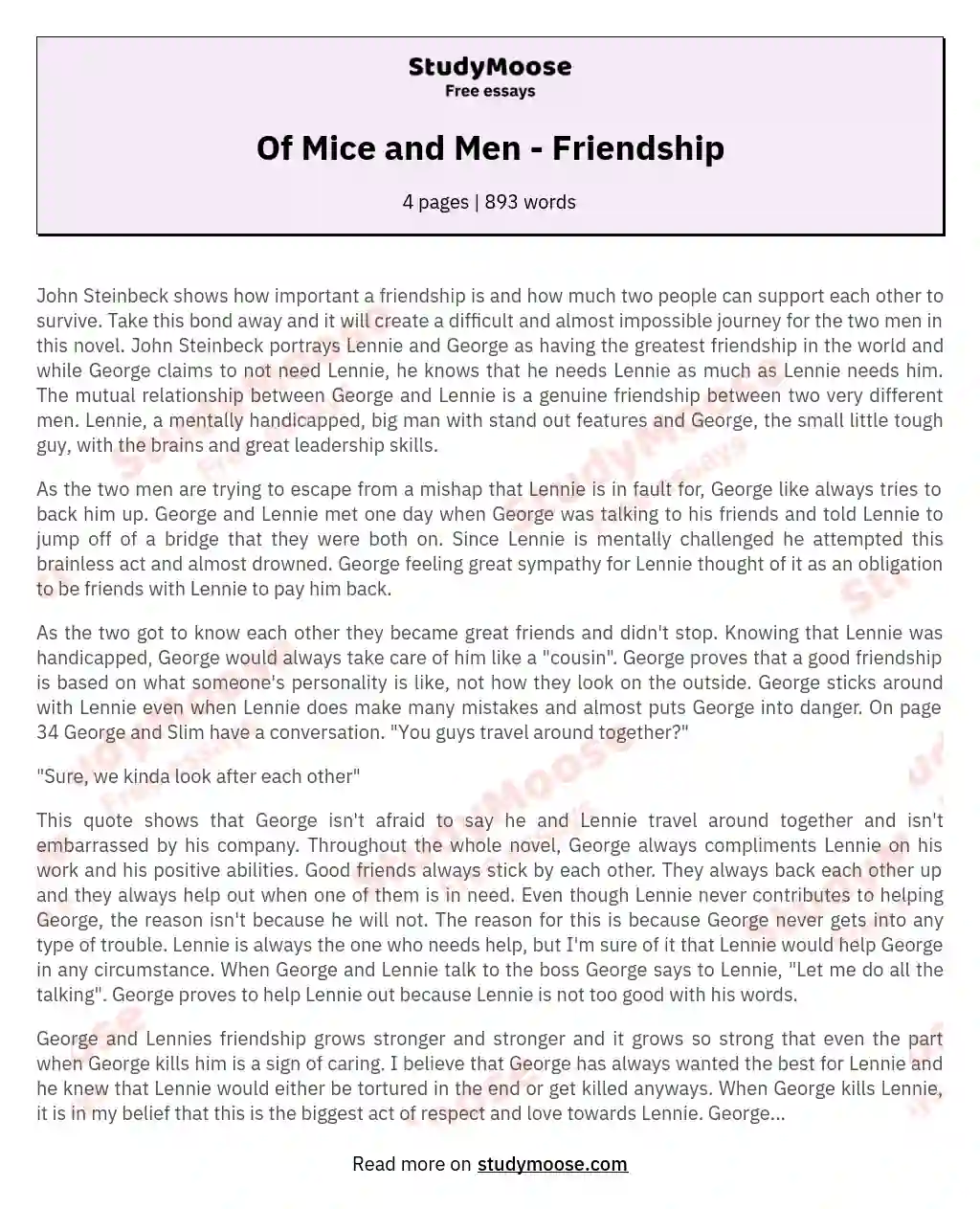 Of Mice and Men - Friendship essay