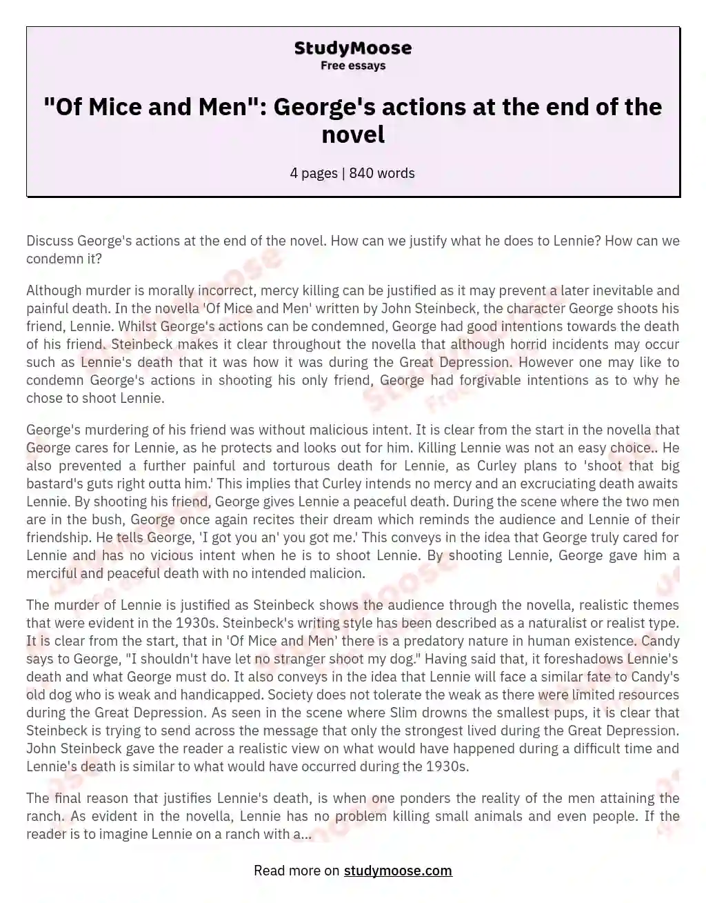 "Of Mice and Men": George's actions at the end of the novel essay