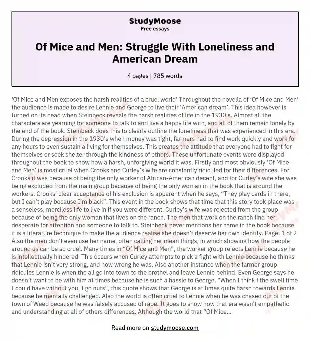 Of Mice and Men: Struggle With Loneliness and American Dream essay