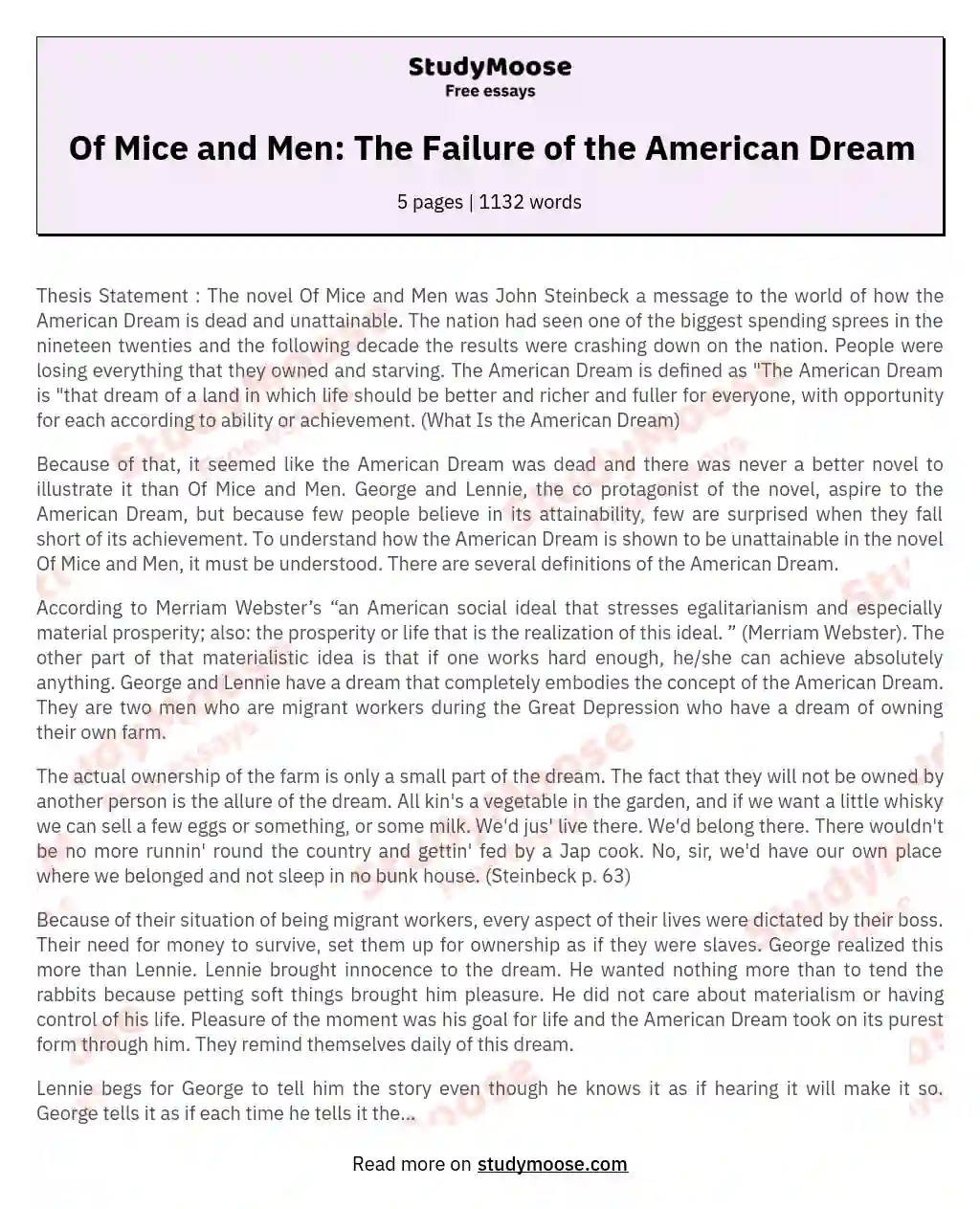 Of Mice and Men: The Failure of the American Dream essay