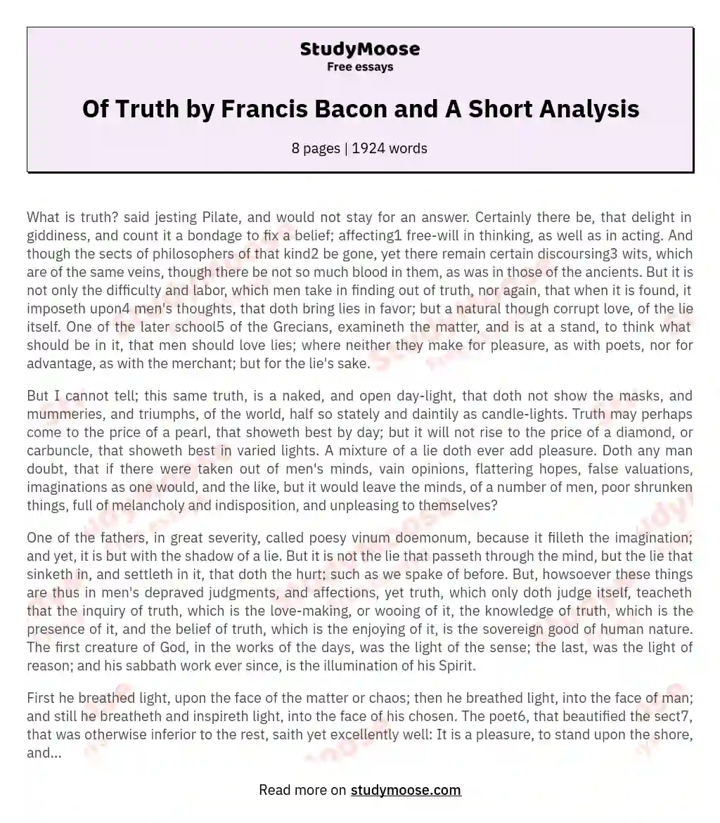 Of Truth by Francis Bacon and A Short Analysis essay