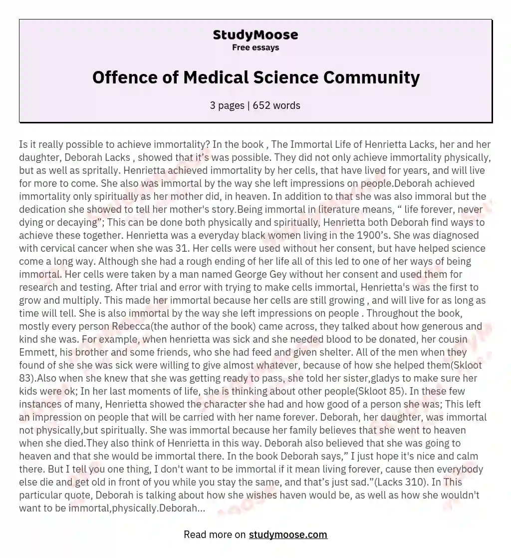 Offence of Medical Science Community essay