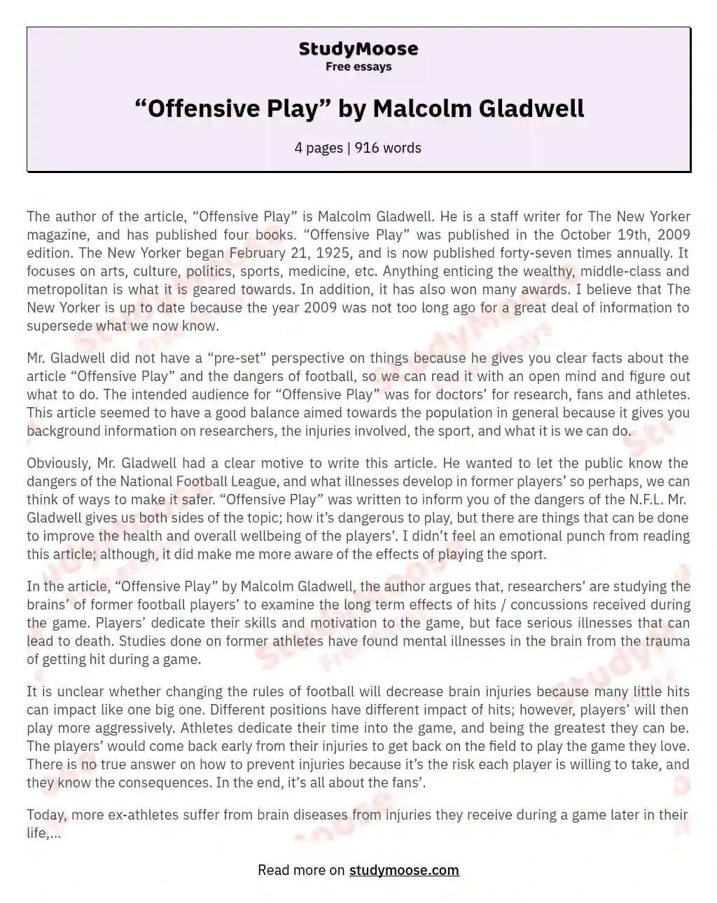“Offensive Play” by Malcolm Gladwell essay