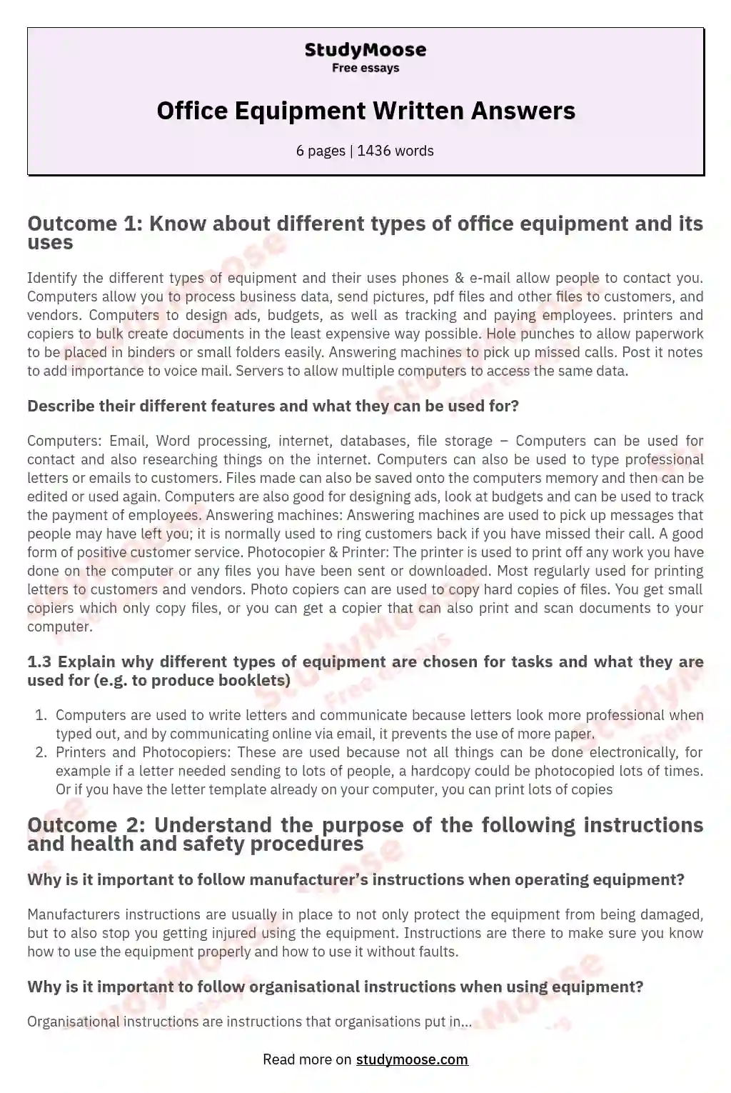 Office Equipment Written Answers essay