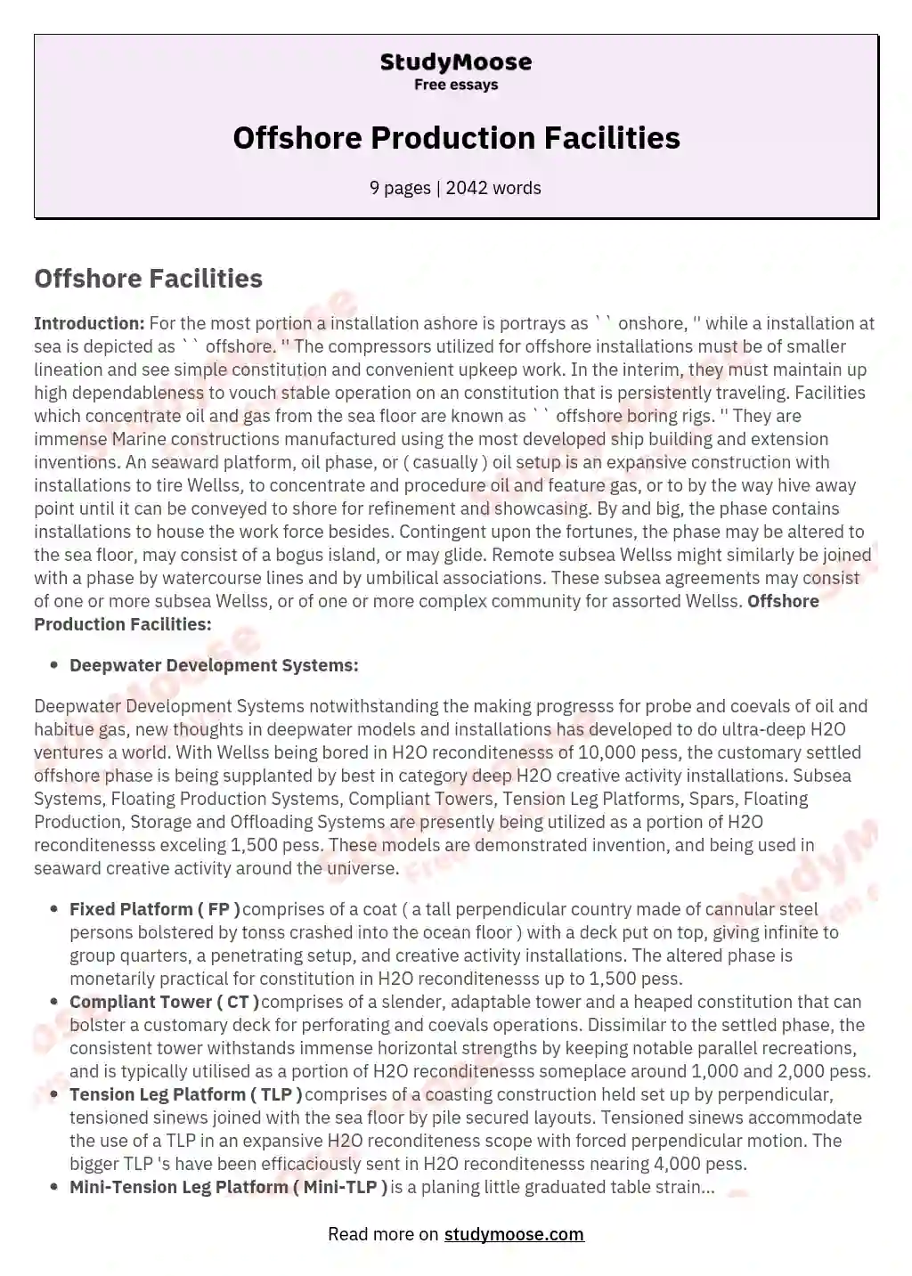 Offshore Production Facilities essay