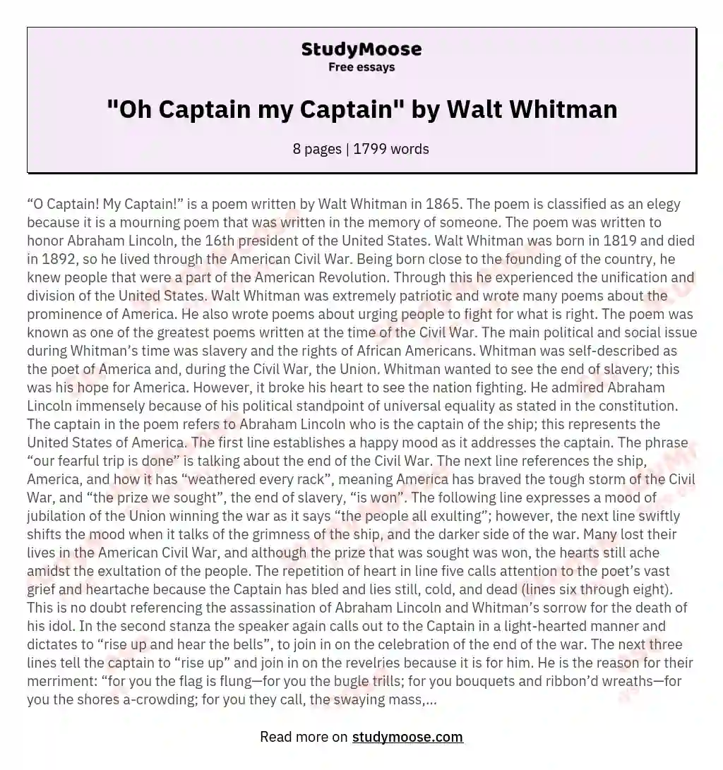 "Oh Captain my Captain" by Walt Whitman