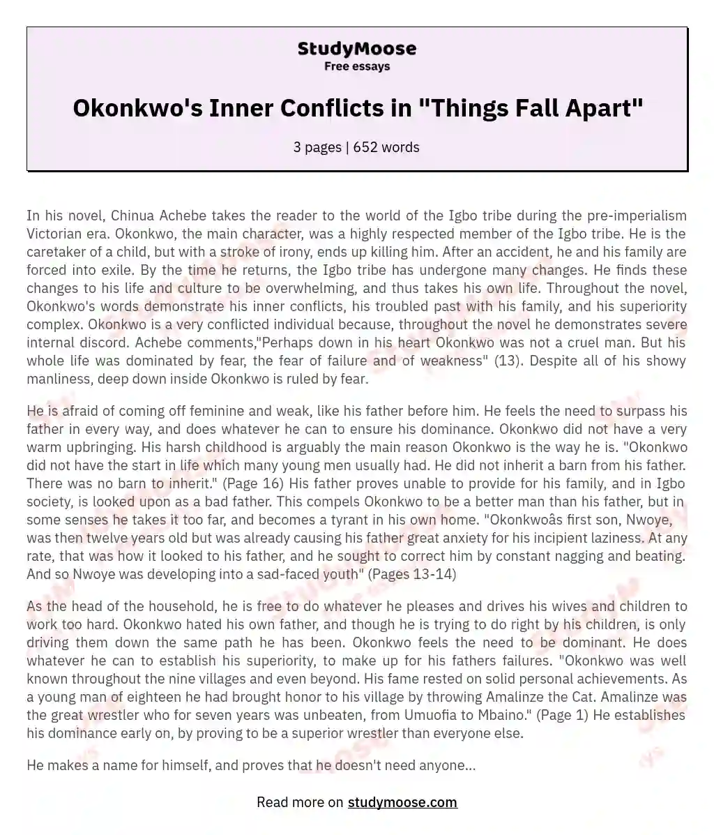 Okonkwo's Inner Conflicts in "Things Fall Apart" essay