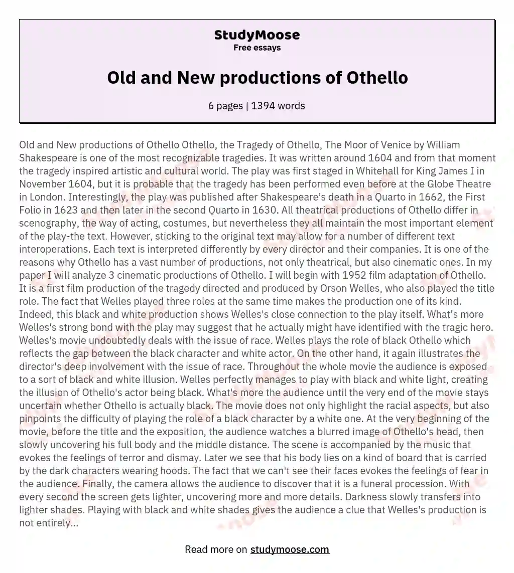 Old and New productions of Othello essay