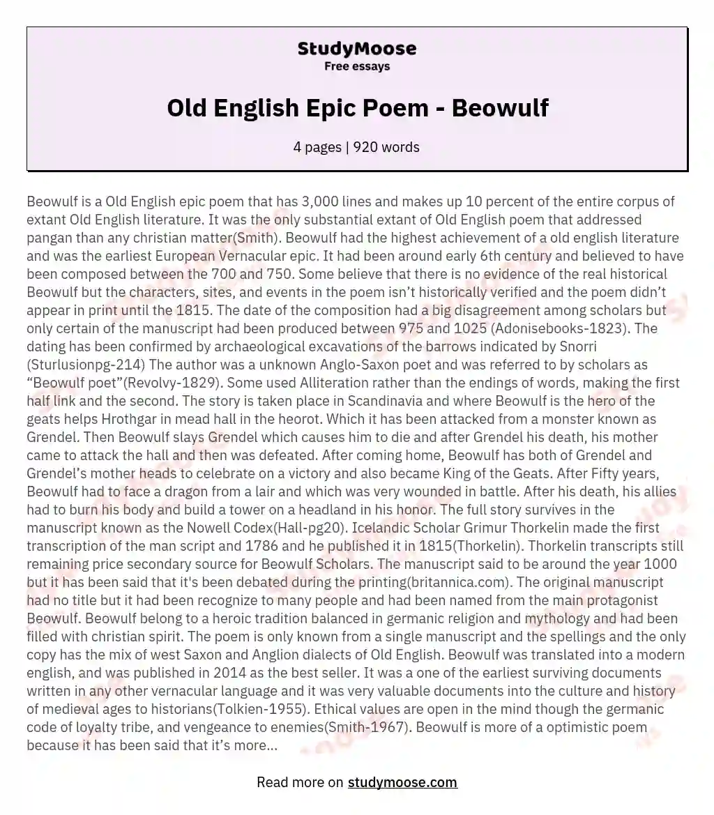 Old English Epic Poem - Beowulf essay