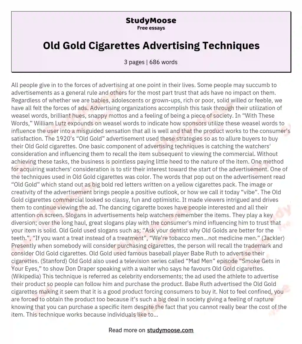 Old Gold Cigarettes Advertising Techniques essay