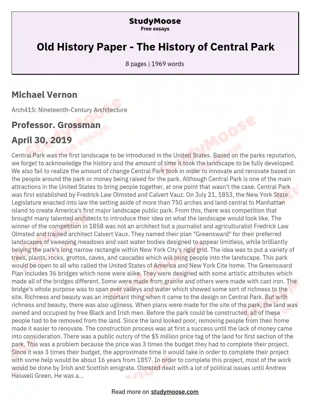 Old History Paper - The History of Central Park