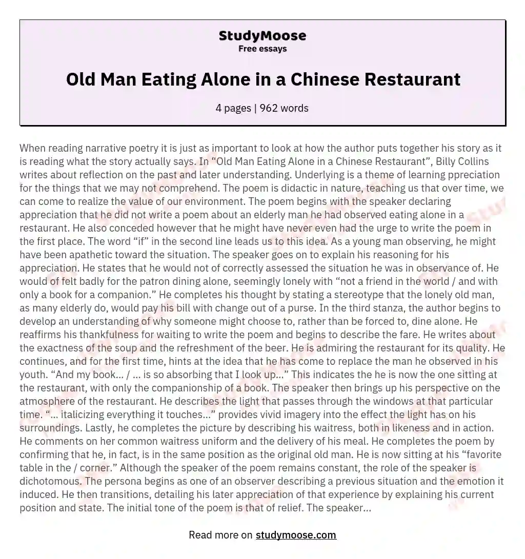 Old Man Eating Alone in a Chinese Restaurant essay