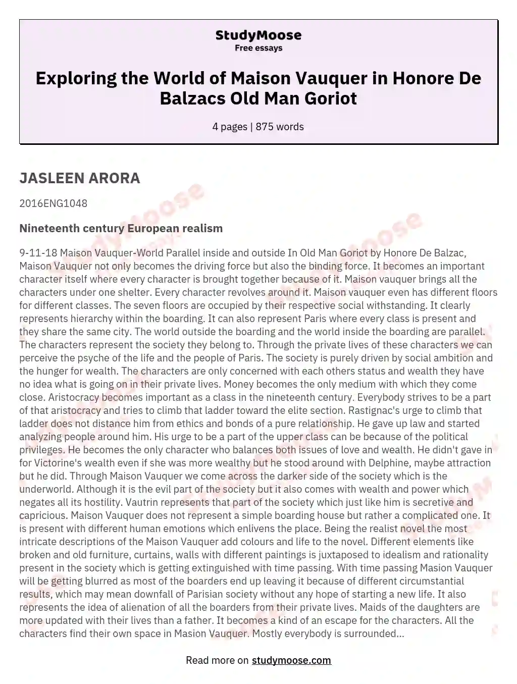 Exploring the World of Maison Vauquer in Honore De Balzacs Old Man Goriot essay