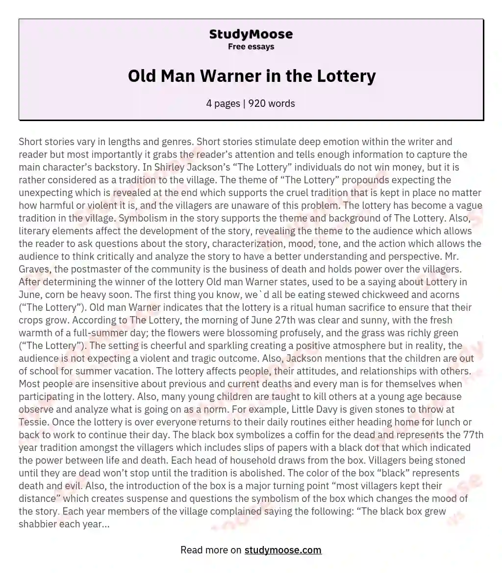 Old Man Warner in the Lottery essay
