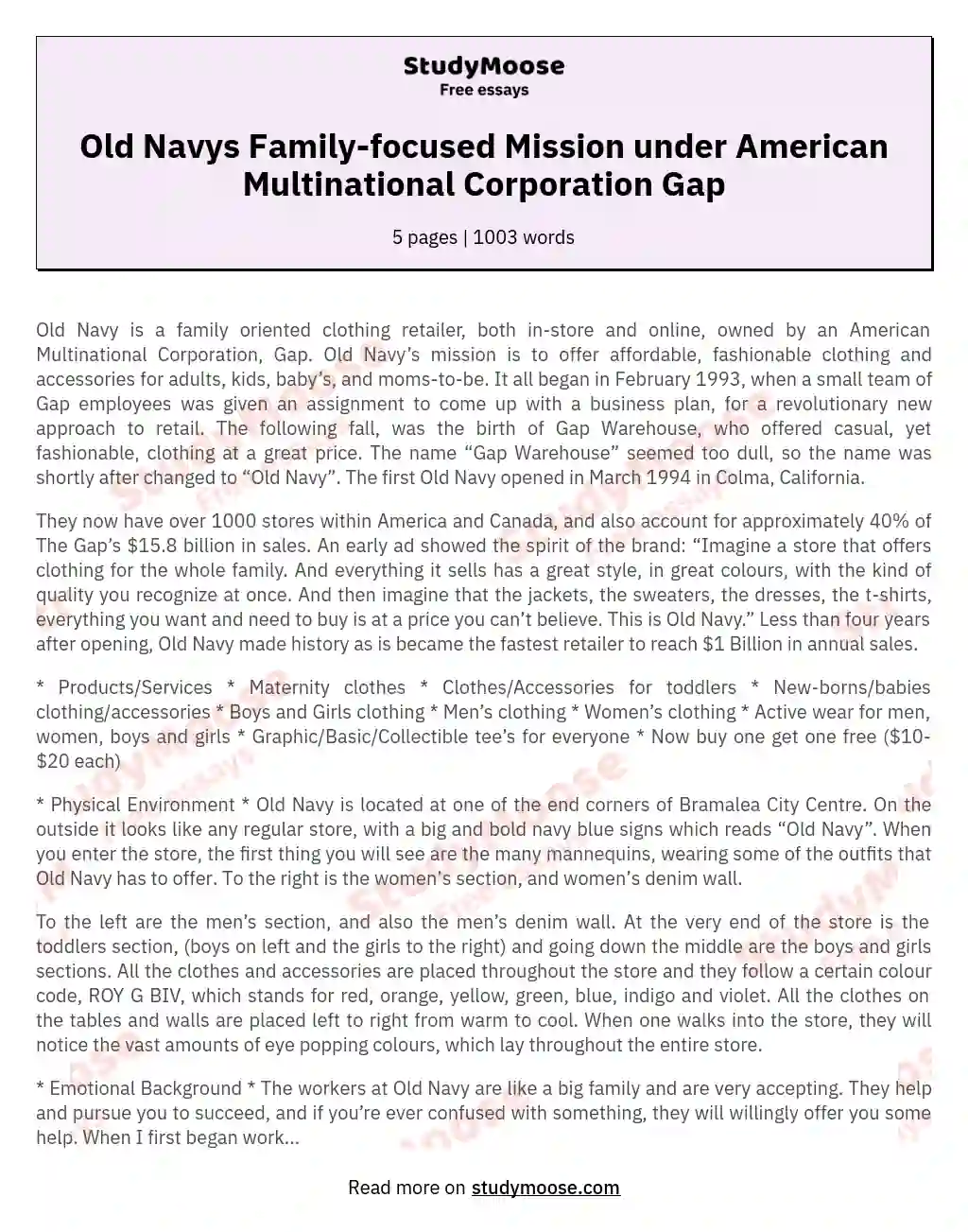 Old Navys Family-focused Mission under American Multinational Corporation Gap essay