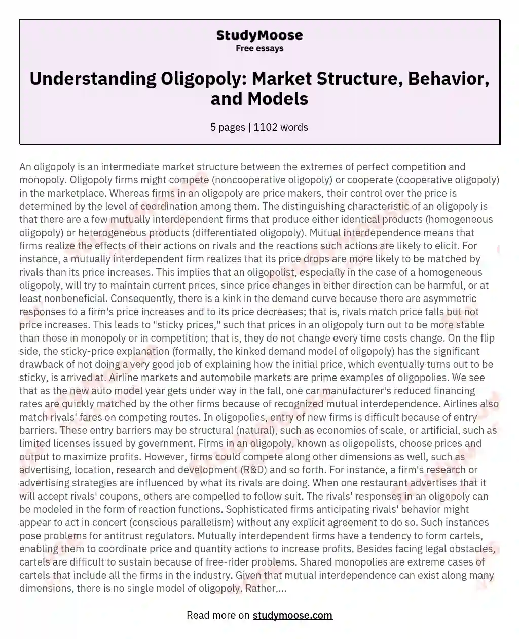 Understanding Oligopoly: Market Structure, Behavior, and Models essay