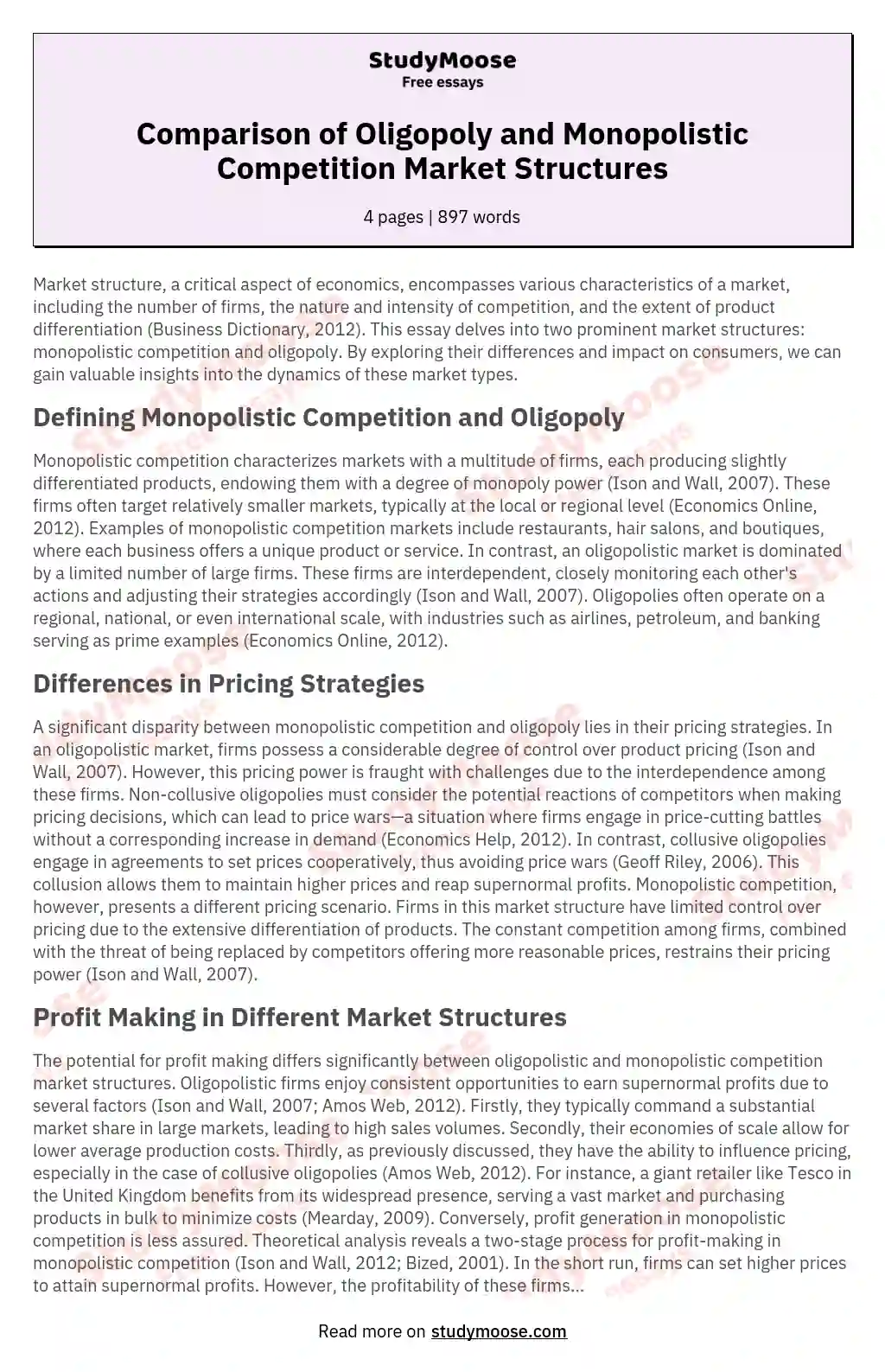 Comparison of Oligopoly and Monopolistic Competition Market Structures essay
