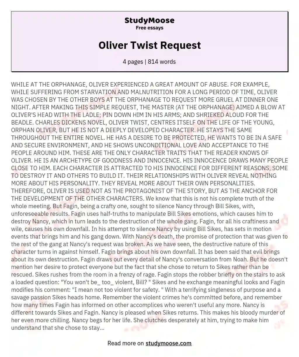 Oliver Twist Request essay