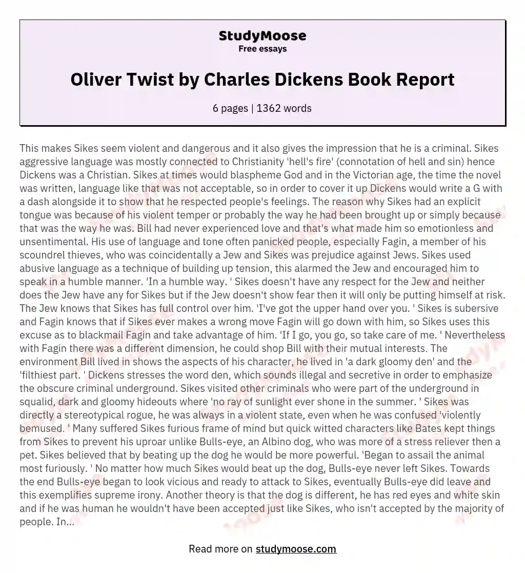Oliver Twist  by Charles Dickens Book Report