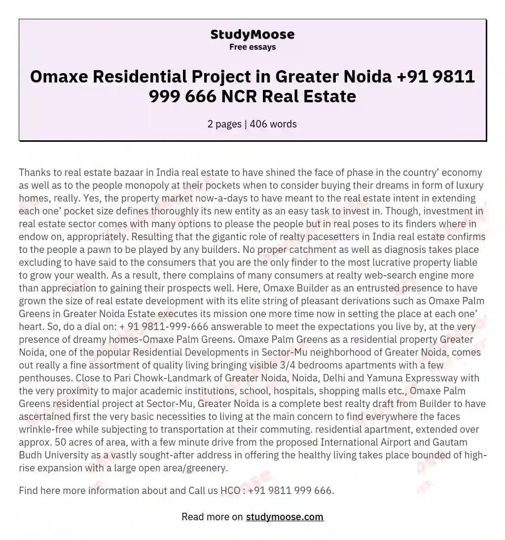 Omaxe Residential Project in Greater Noida +91 9811 999 666 NCR Real Estate essay