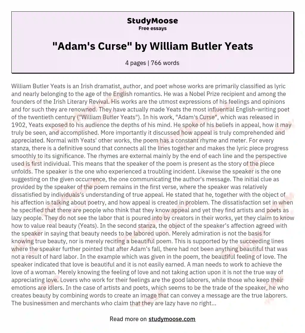 "Adam's Curse" by William Butler Yeats essay