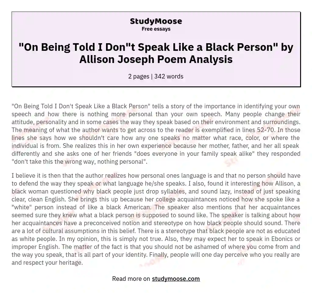 "On Being Told I Don"t Speak Like a Black Person" by Allison Joseph Poem Analysis