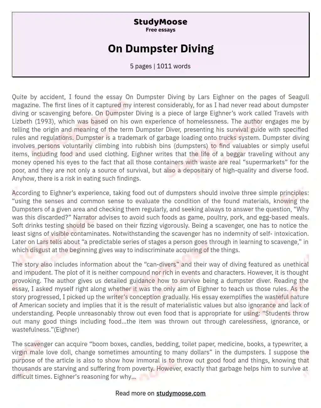 On Dumpster Diving essay