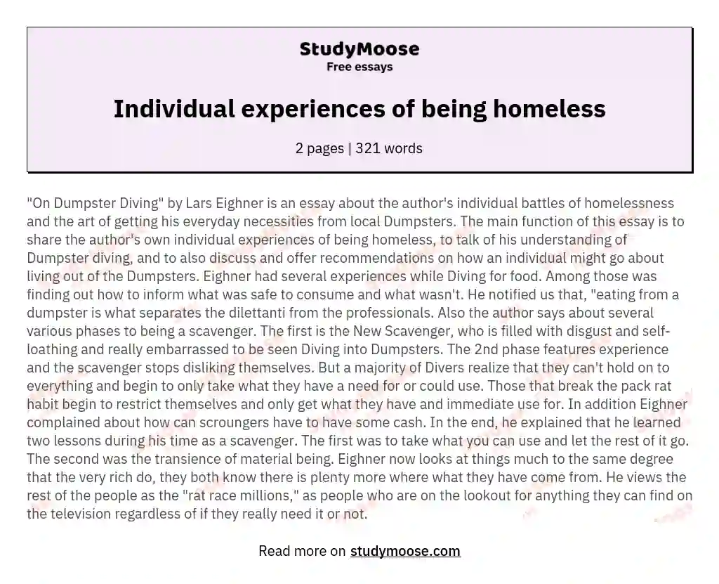 Individual experiences of being homeless essay