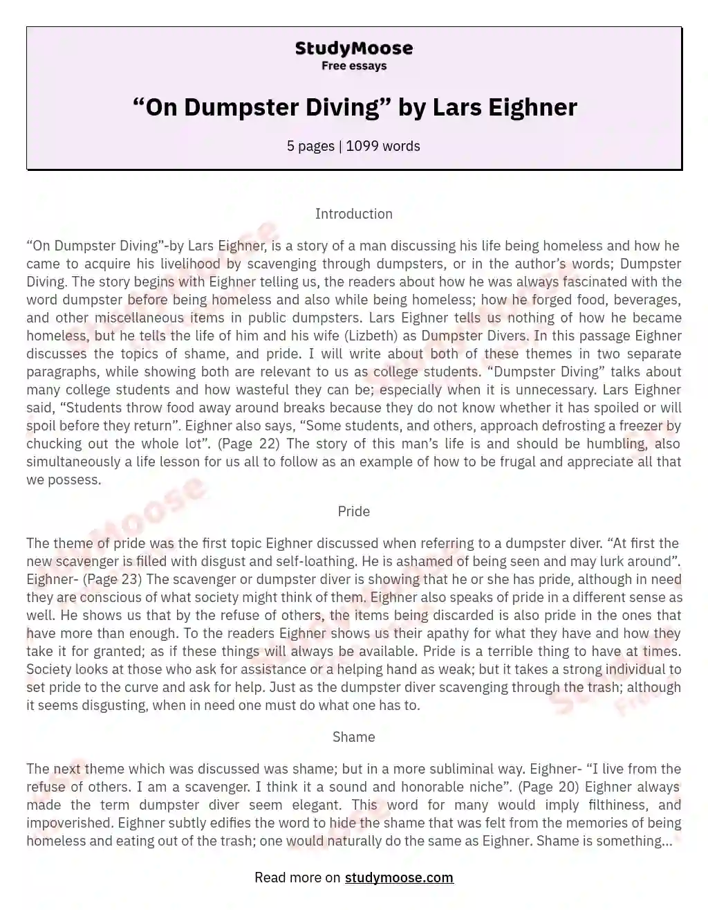 “On Dumpster Diving” by Lars Eighner essay