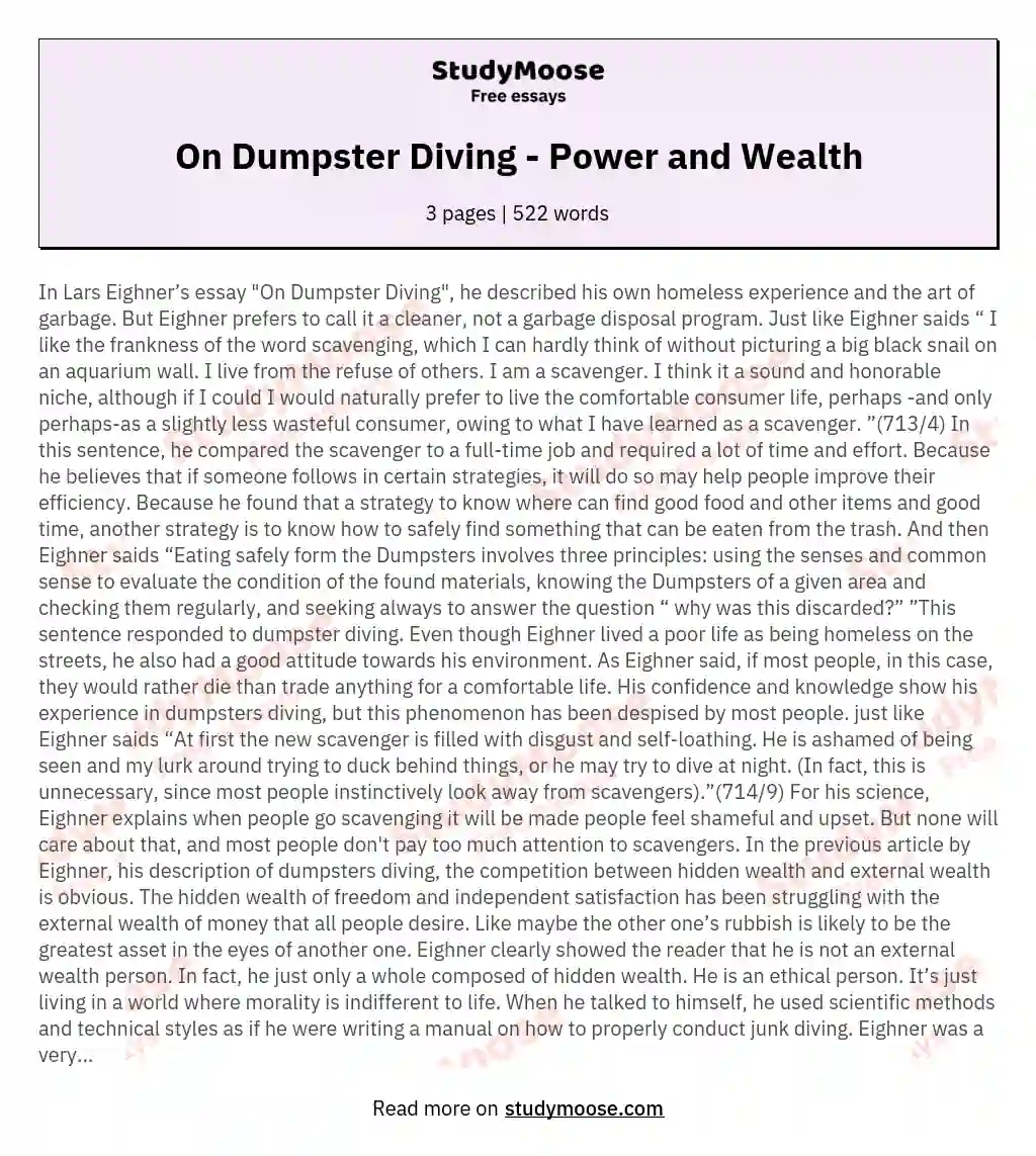 On Dumpster Diving - Power and Wealth essay