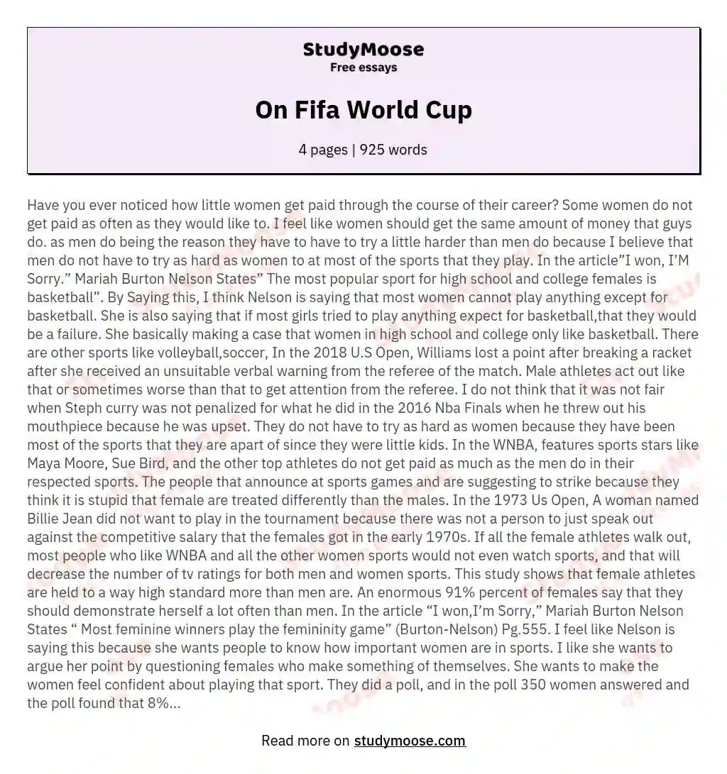 On Fifa World Cup essay