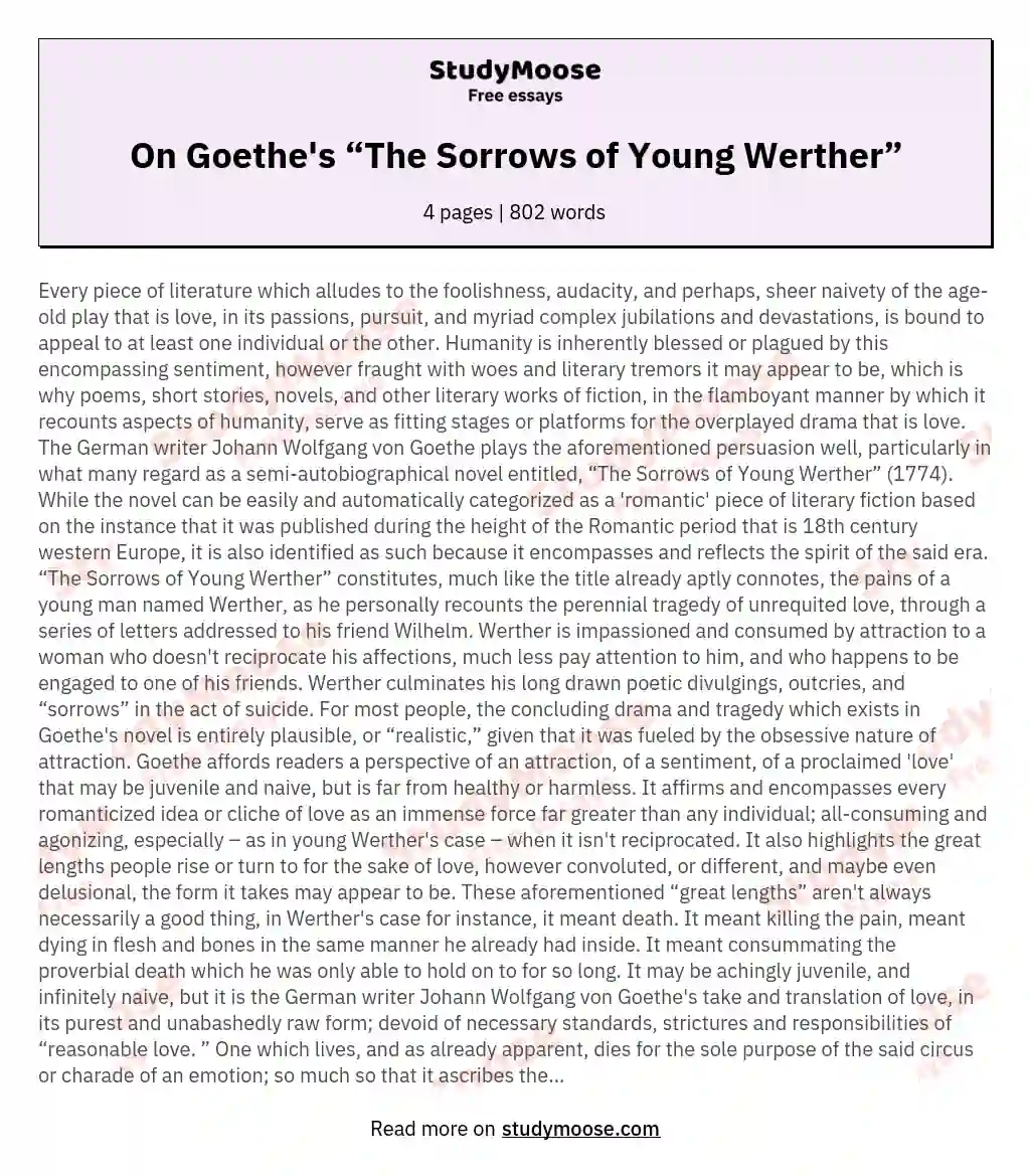 On Goethe's “The Sorrows of Young Werther” essay