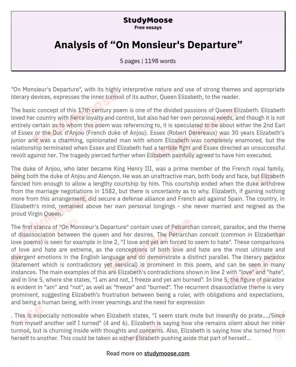 Analysis of “On Monsieur's Departure” essay