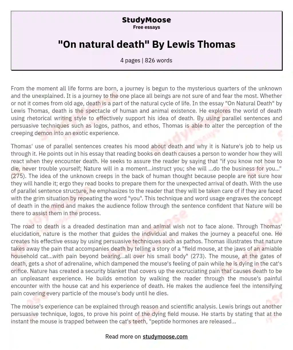 "On natural death" By Lewis Thomas essay