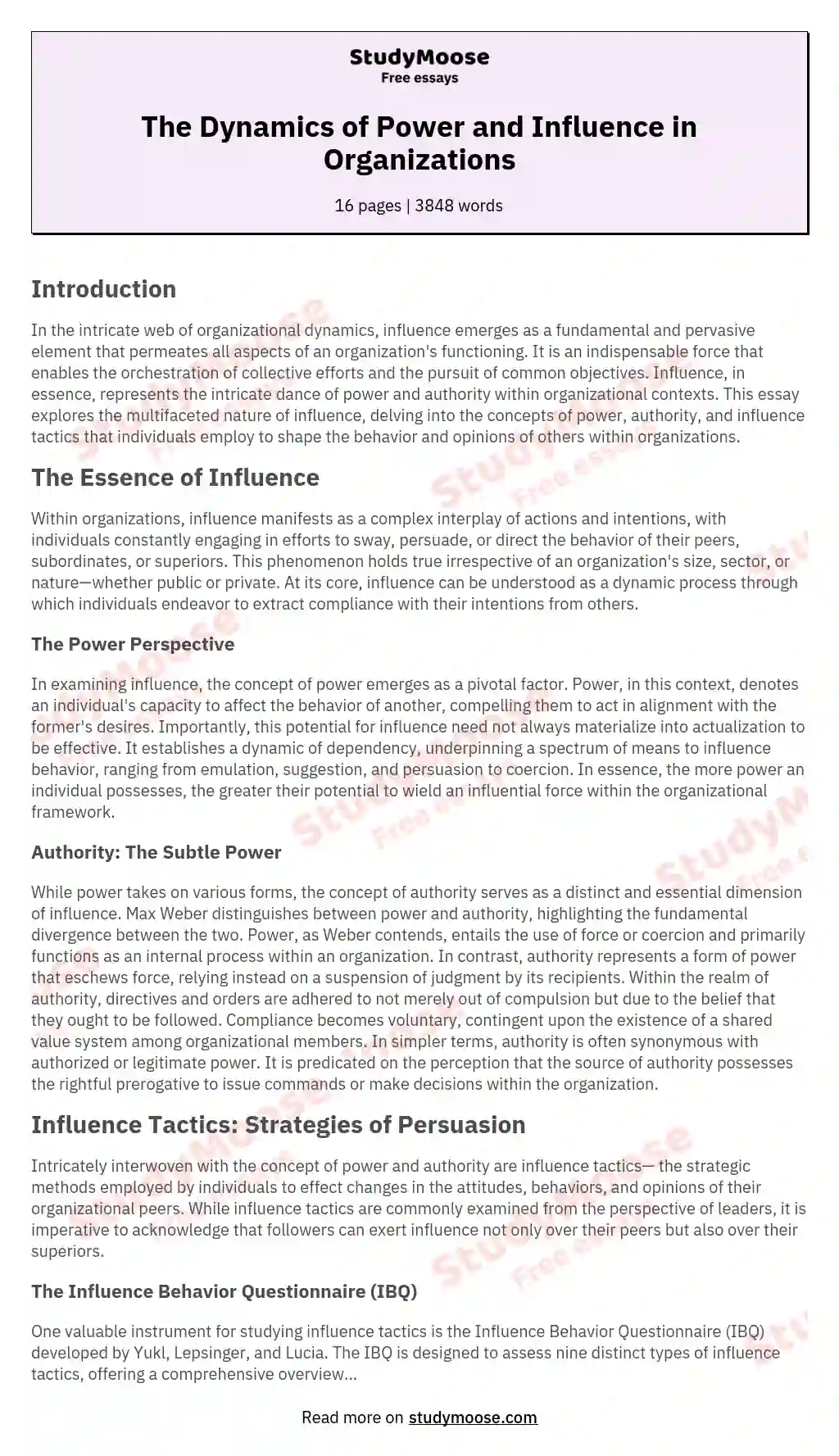 The Dynamics of Power and Influence in Organizations essay