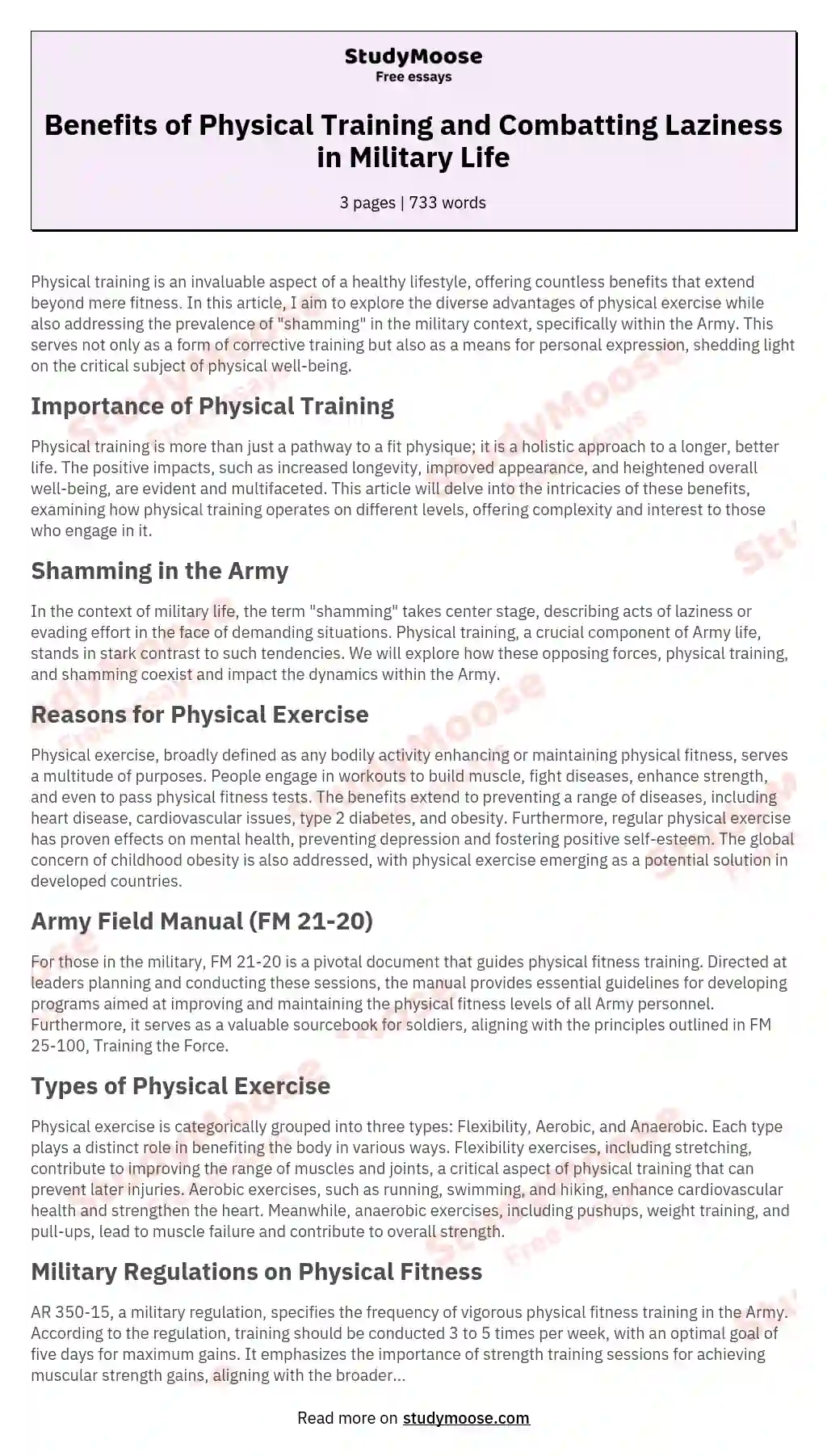 Benefits of Physical Training and Combatting Laziness in Military Life essay