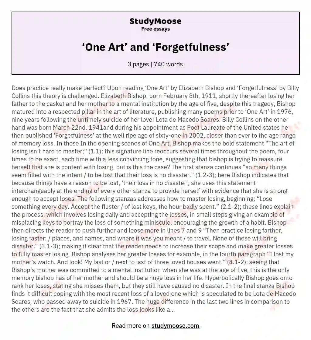 ‘One Art’ and ‘Forgetfulness’ essay