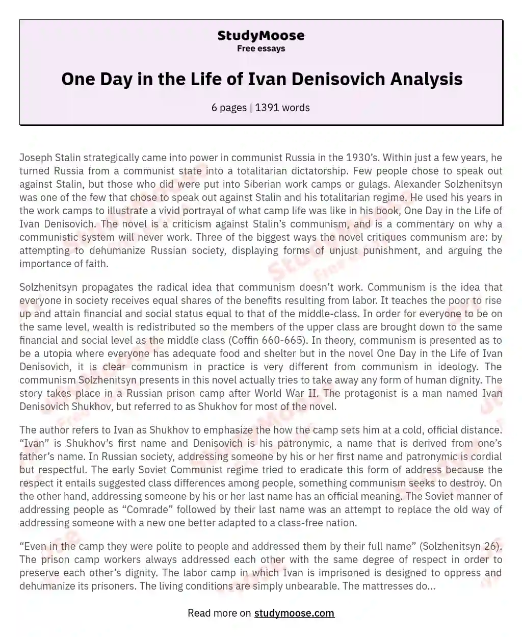 One Day in the Life of Ivan Denisovich Analysis essay