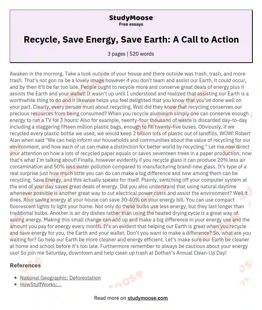 Recycle, Save Energy, Save Earth: A Call to Action essay