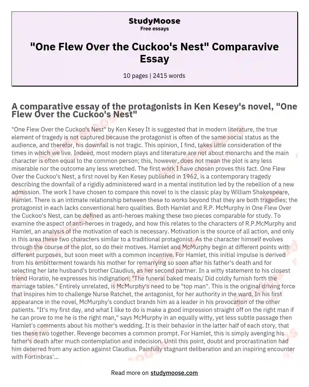 "One Flew Over the Cuckoo's Nest" Comparavive Essay essay