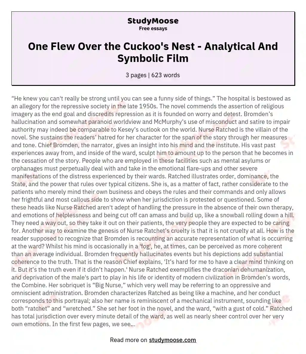 One Flew Over the Cuckoo's Nest - Analytical And Symbolic Film essay