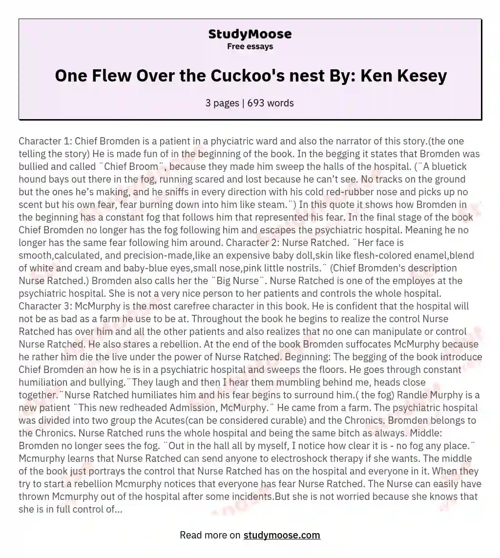 One Flew Over the Cuckoo's nest By: Ken Kesey essay
