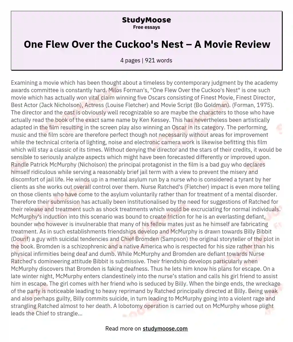 One Flew Over the Cuckoo's Nest – A Movie Review