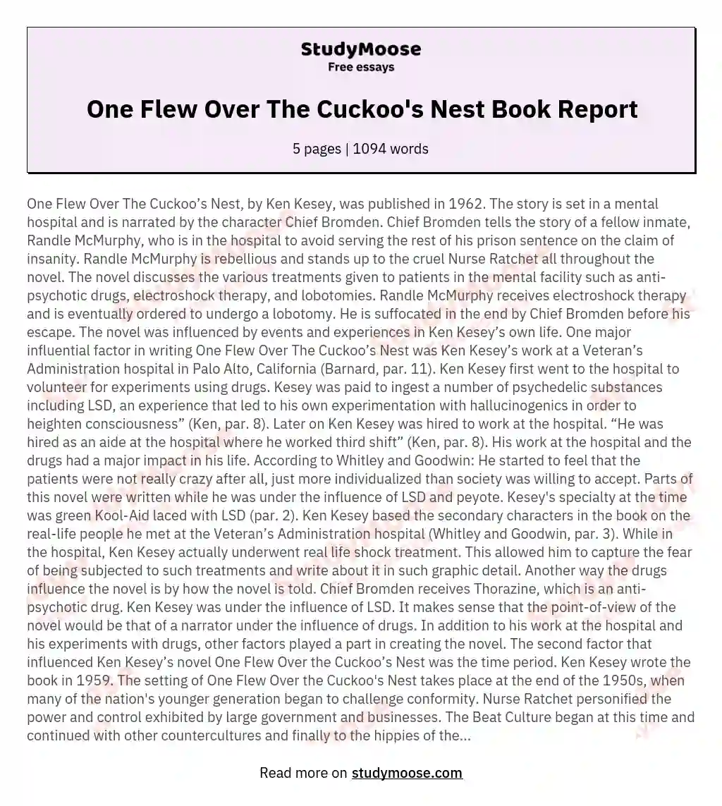 One Flew Over The Cuckoo's Nest Book Report essay
