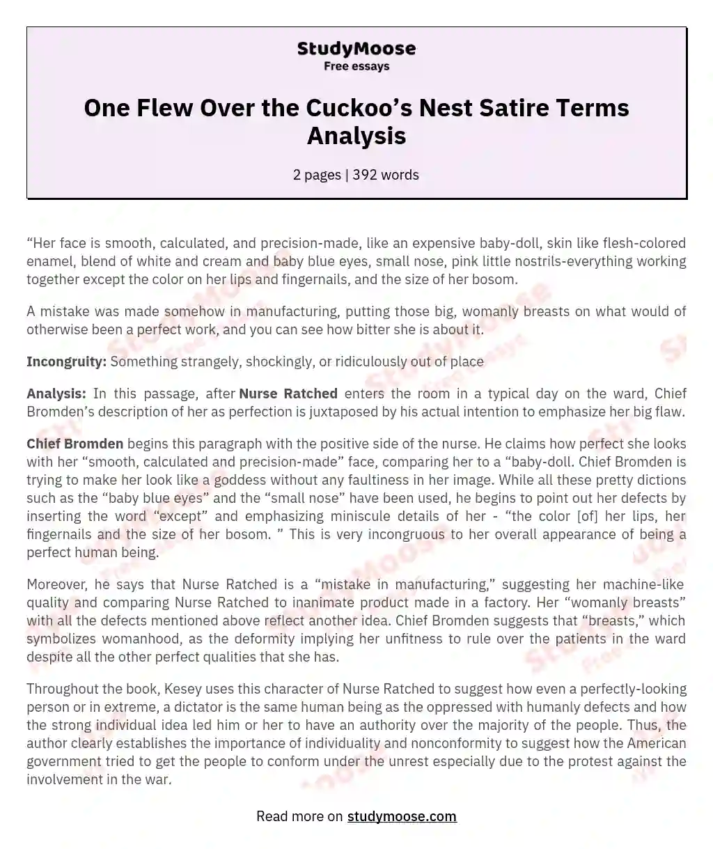 One Flew Over the Cuckoo’s Nest Satire Terms Analysis essay