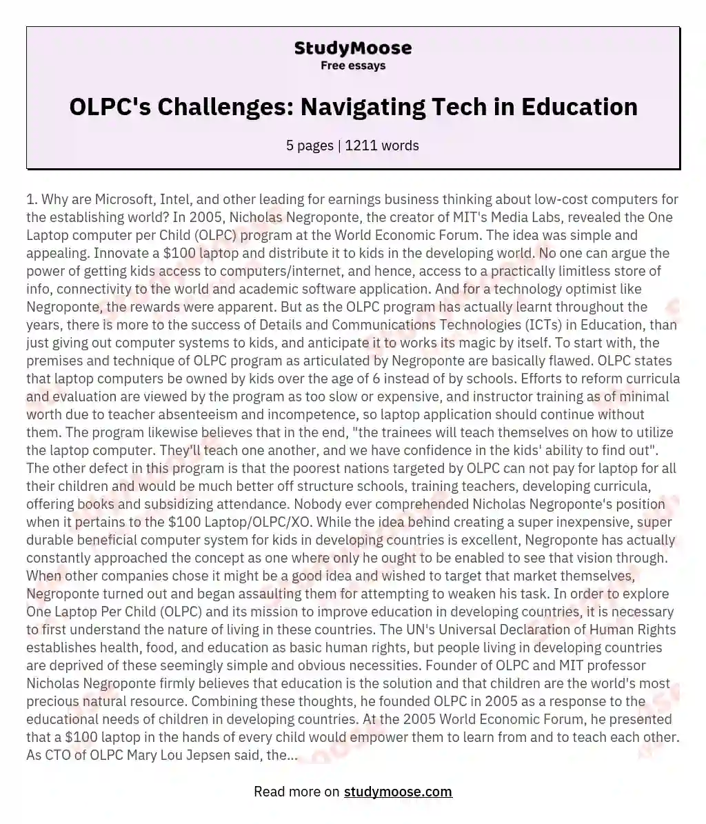 OLPC's Challenges: Navigating Tech in Education essay