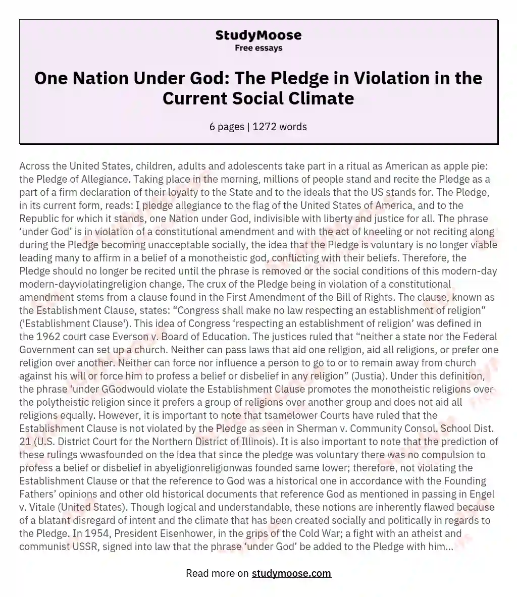 One Nation Under God: The Pledge in Violation in the Current Social Climate essay