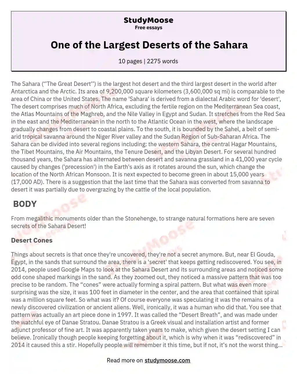 One of the Largest Deserts of the Sahara essay
