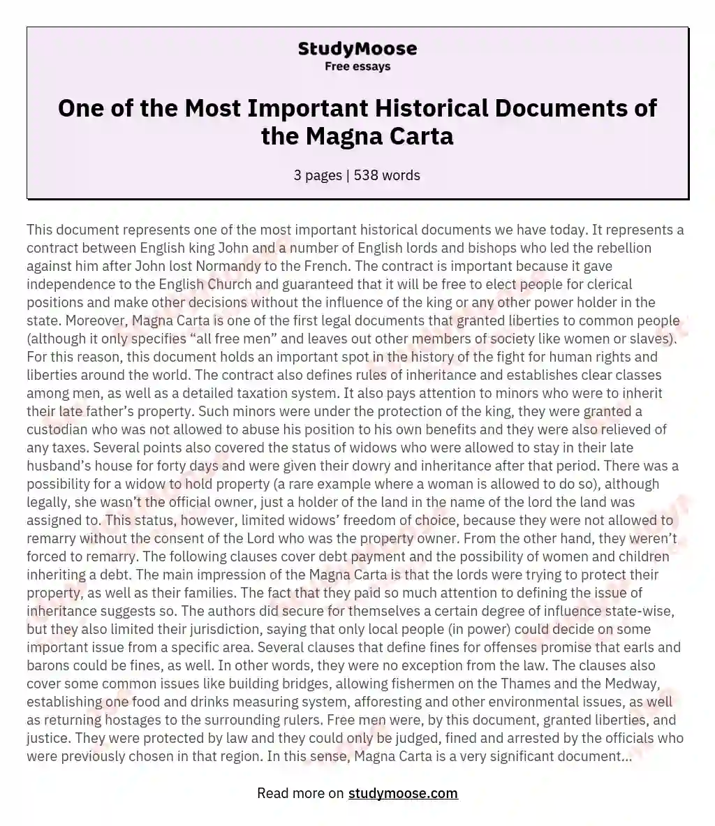 One of the Most Important Historical Documents of the Magna Carta essay